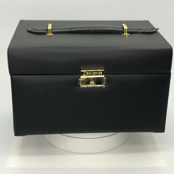 Songmics Leather Travel 3 Tier Fold Out Locking Jewelry Box Mirror & Handle Blk - Picture 6 of 16